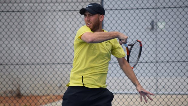 Dudi Sela training at the Lyneham Tennis Centre on Monday as he prepares to defend his Canberra International title.