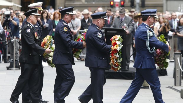 Representatives of branches of Australia's emergency services paid tribute to war veterans at the service at the cenotaph.