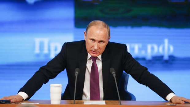 Russian President Vladimir Putin  during his annual end-of-year news conference in Moscow.