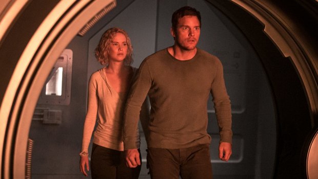 Chris Pratt and Jennifer Lawrence in the upcoming <i>Passengers</i>.