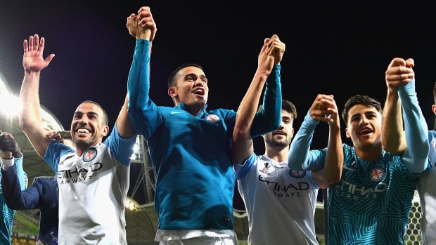 Melbourne City players celebrate winning the FFA Cup semi final.