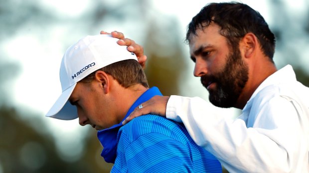 Jordan Spieth (left) and caddie Michael Greller after the final round of the US Masters.