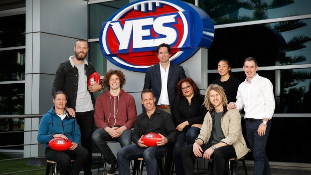 Supporting the yes campaign: Meg Hutchins, Max Gawn, Ben Brown, Alastair Clarkson, Gillon McLachlan, Tanya Hosch, Dyson Heppell, Darcy Vescio and Hayden Kennedy.