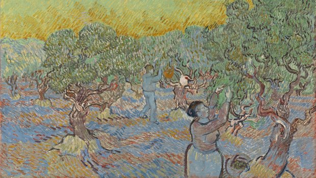 Olive grove with two olive pickers, December 1889, Saint-Remy (detail).