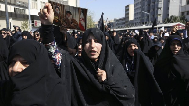 Iranian protesters chant slogans at an anti-Saudi rally on Friday.