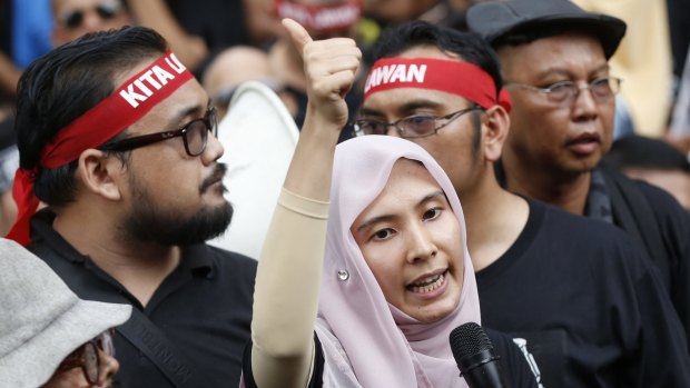 Nurul Izzah Anwar, daughter of Anwar Ibrahim, speaks at a rally in Kuala Lumpur in March.