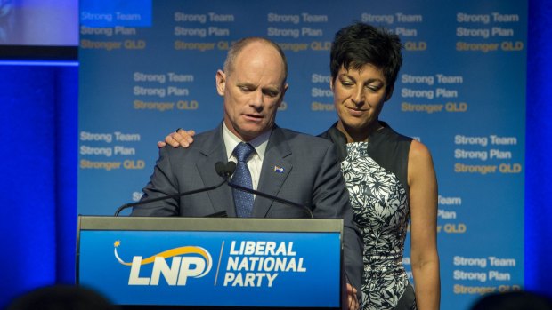 Campbell Newman and his wife Lisa address LNP supporters on election night. The Queensland premier lost his seat and his party lost government.