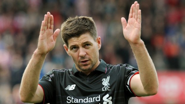 Liverpool's Steven Gerrard applauds fans after playing his last game for Liverpool.