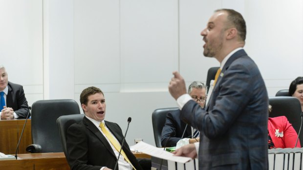 Opposition leader Alistair Coe reacts as Chief Minister Andrew Barr responds to the motion of no confidence against him.