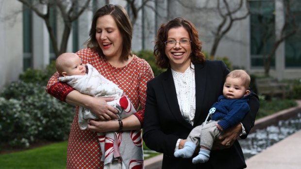 Kelly O'Dwyer with her daughter Olivia and Amanda Rishworth with her son Percy at Parliament House.