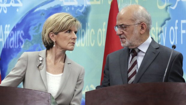Australian Foreign Minister Julie Bishop and her Iraqi counterpart Ibrahim al-Jaafari hold a news conference in Baghdad in October.