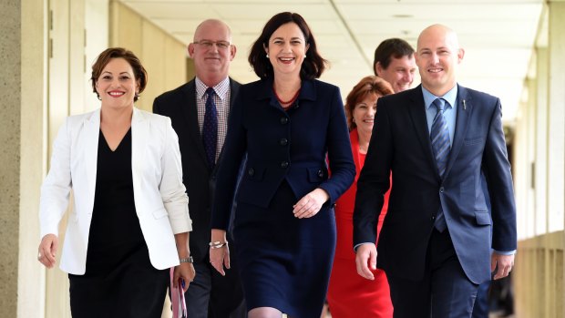 Queensland Deputy Premier Jackie Trad, Queensland Premier Annastacia Palaszczuk and Treasurer Curtis Pitt at Parliament House.