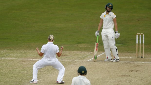 England's Katherine Brunt celebrates the wicket of Australia's Jess Jonassen.