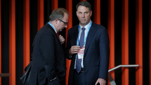 Shadow immigration minister Richard Marles with right wing factional operative David Feeney the ALP National Conference in Melbourne on Friday.