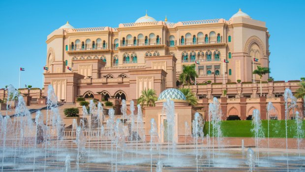 Fountains in front of the Emirates Palace in Abu Dhabi.