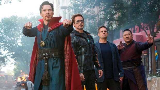 Benedict Cumberbatch, Robert Downey Jr, Mark Ruffalo and Benedict Wong in a scene from Avengers: Infinity War. 