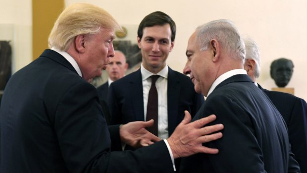 Donald Trump and  Benjamin Netanyahu with Jared Kushner at the King David Hotel  in Jerusalem in May.