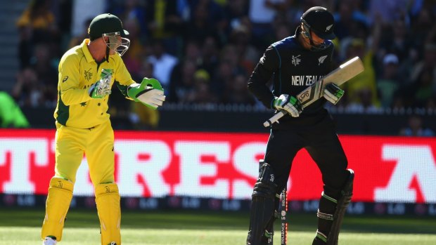 Hefty send-off: Brad Haddin celebrates Martin Guptill's wicket.