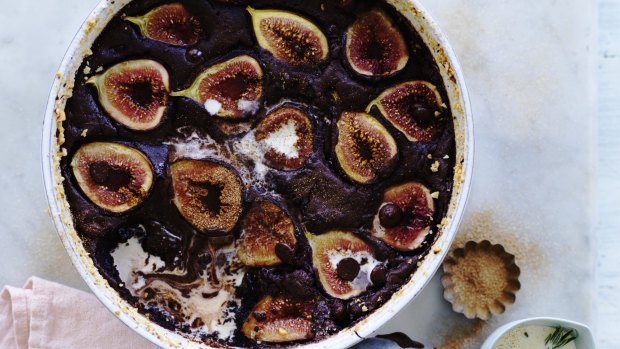 Fig and chocolate pudding with hazelnuts and rosemary cream.