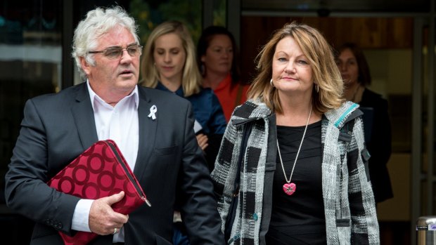 Sarah Cafferkey's mother  Noelle Dickson, with partner Lawrence Seery, outside court on Wednesday. 