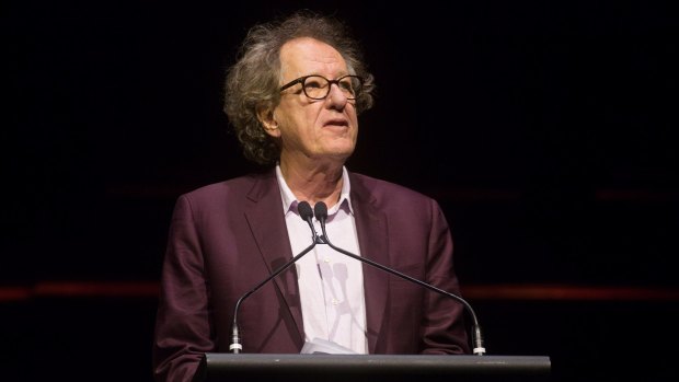 Geoffrey Rush spoke at the memorial for John Clarke at Melbourne Town Hall. 