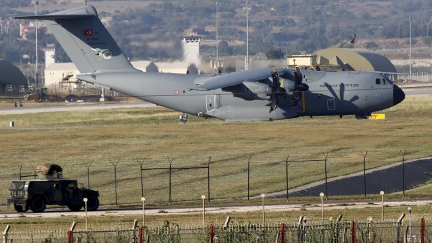 A Turkish Air Force A400M tactical transport aircraft is parked at Incirlik airbase in the southern city of Adana, Turkey, on Friday.