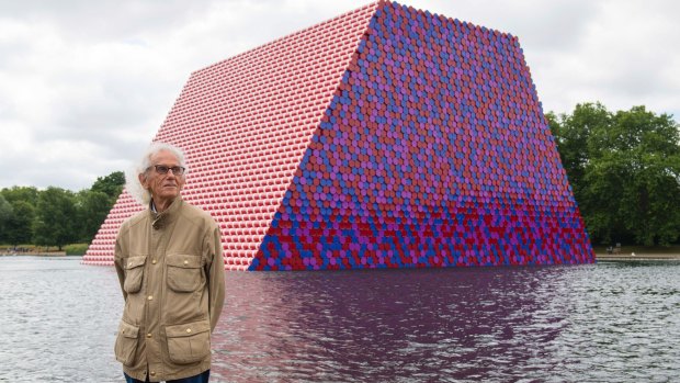 Artist Christo attends the unveiling of his first UK outdoor exhibit, the London Mastaba,  in Hyde Park.