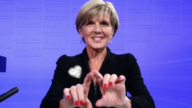 Foreign Affairs Minister Julie Bishop wearing a heart-shaped brooch.