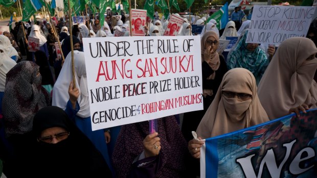 Supporters of Pakistani religious party Jamaat-e-Islami stage a rally in Pakistan to condemn ongoing violence against the Rohingya Muslim minority in Myanmar.