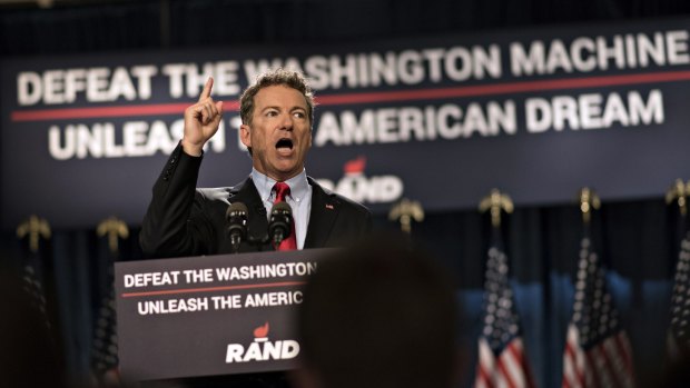 US Senator Rand Paul, a Republican from Kentucky, speaks during a rally to formally announce his presidential campaign at the Galt House hotel in Louisville, Kentucky.