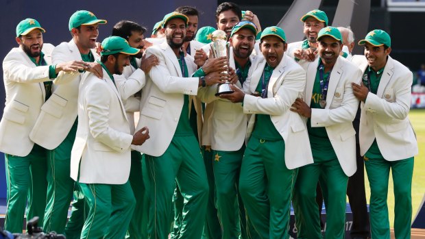 Pakistan players celebrate during the award ceremony for the ICC Champions Trophy. 