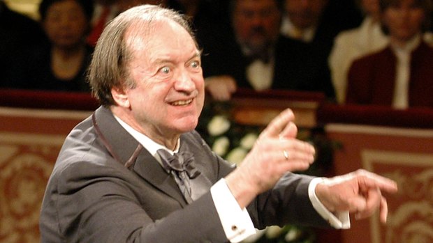 Nikolaus Harnoncourt conducts the Vienna Philharmonic Orchestra during the traditional New Year's concert at the Musikverein in 2003. 