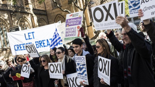 In July, members of the Australian-Greek community gathered in Sydney to protest ahead of Greece's referendum.