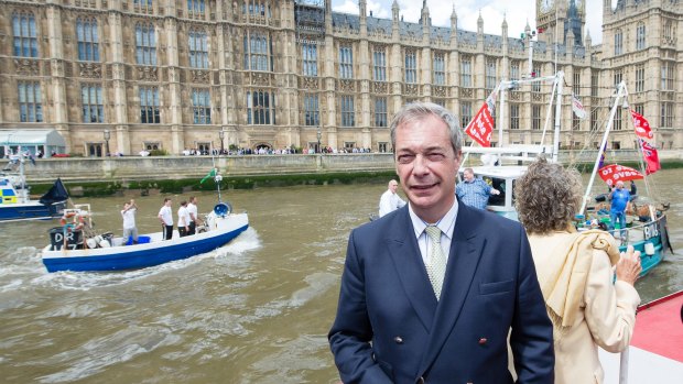 UK Independence Party Leader Nigel Farage on one of the boats outside the Houses of Parliament in London.  