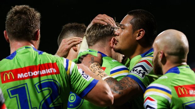 Joey Leilua congratulates Blake Austin after scoring against the Warriors in New Zealand back in May.