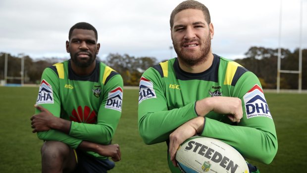 Canberra Raiders players and cousins Edrick Lee, left, and Brenko Lee will play together for the first time in the NRL.