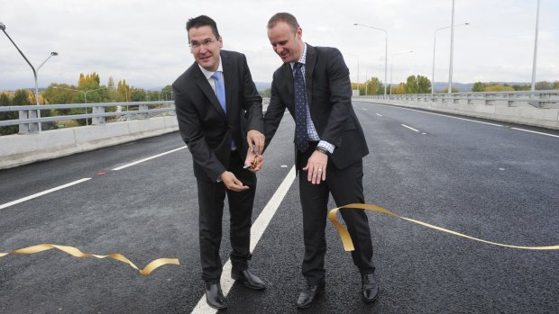 Liberal Senator Zed Seselja opens the Malcolm Fraser Bridge, part of the Majura Parkway project, with ACT Chief Minister Andrew Barr in April.