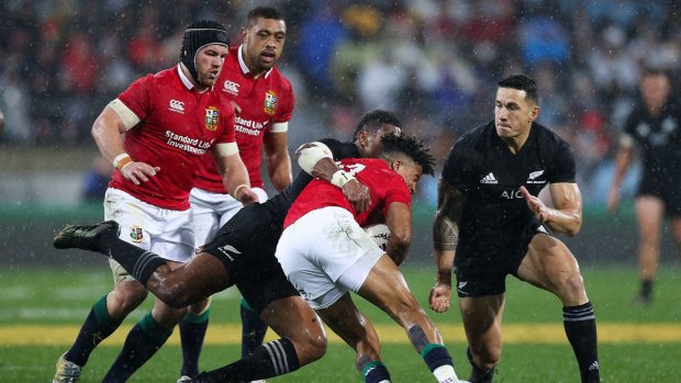 Red card: Sonny Bill Williams shapes up to make contact with Anthony Watson.