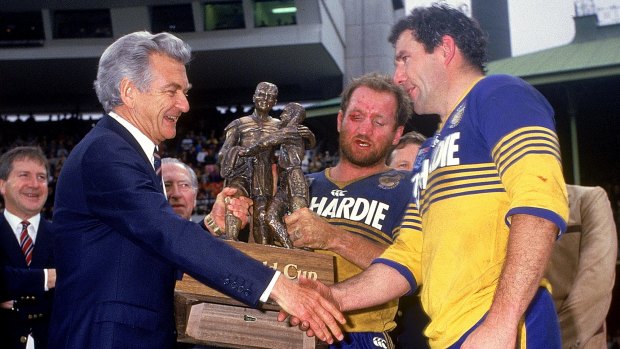 Last Eels premiership: Prime Minister Bob Hawke congratulates Ray Price and Mick Cronin after the 1986 NSWRL grand final.