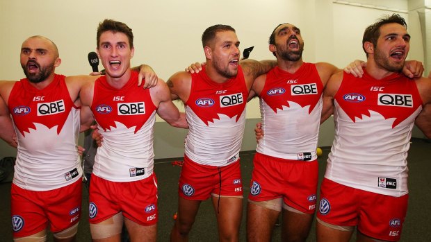 Savouring the moment: Rhyce Shaw, Dean Towers, Lance Franklin, Adam Goodes and Josh Kennedy.  