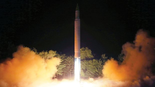 The launch of a Hwasong-14 intercontinental ballistic missile at an undisclosed location in North Korea on July 28.