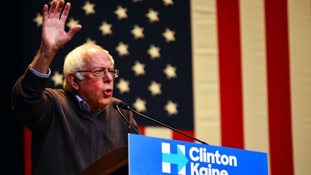 Senator Bernie Sanders drums up support for Democratic presidential candidate Hillary Clinton at Keene State College in New Hampshire.