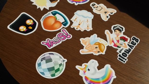Stickers of new emoji for the Grindr app at the company's headquarters in West Hollywood, California