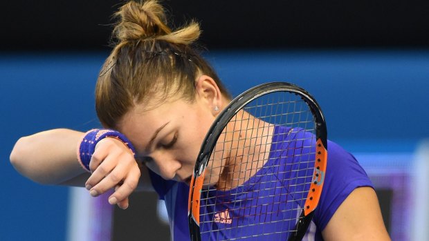 Hard work: Simona Halep mops her brow after a point.