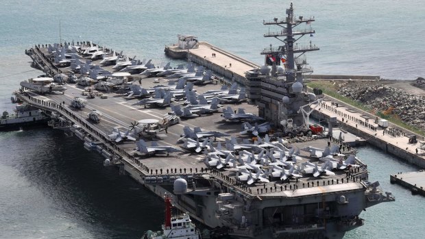 The aircraft carrier USS Ronald Reagan  in Busan port, South Korea, after completing a joint drill with the South Korean military earlier this month.