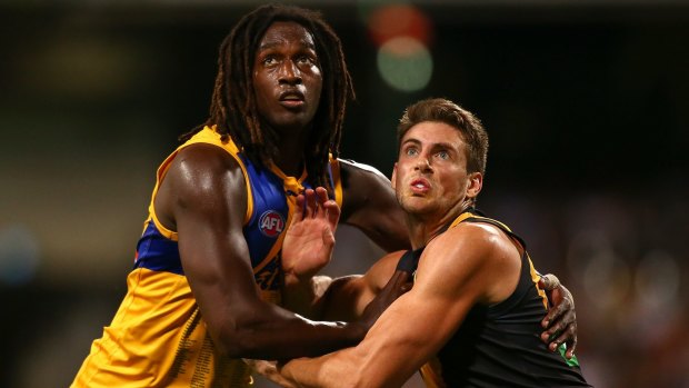 Elite ruck: Nic Naitanui of the Eagles and Shaun Hampson of the Tigers at Domain Stadium in April.