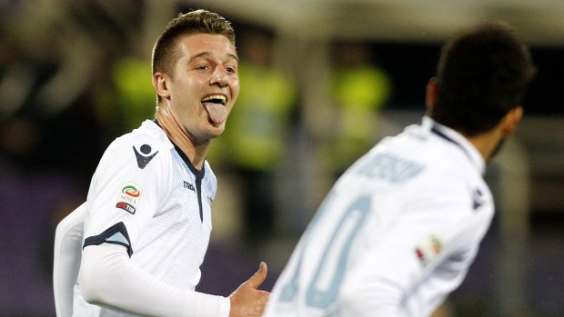 Lazio's Sergej Milinkovic celebrates a goal.