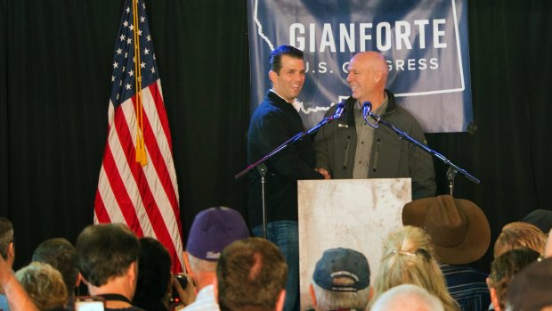 Republican Greg Gianforte campaigning with Donald Trump Jr in Montana.