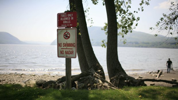 A "No swimming" sign at Plum Point Park along the Hudson River in New Windsor, New York - the place where Angelika Graswald and her fiance, Vincent Viafore, launched their kayaks.