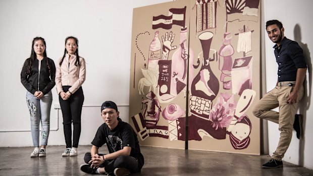 The Harmony Day project promotes belonging for young migrants, such as (from left) twins Mengjun Zhao and Mengchen Zhao, with Van Hien Ta and Mario Kharat.